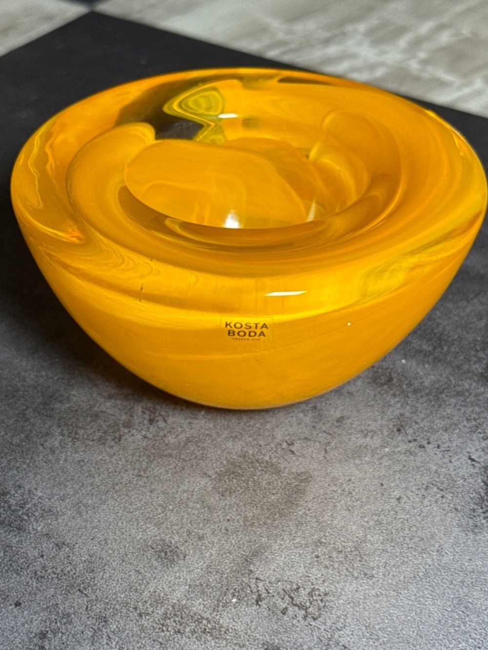 Kosta Boda Sweden Amber Art Glass Bowl Swirl Design Vintage